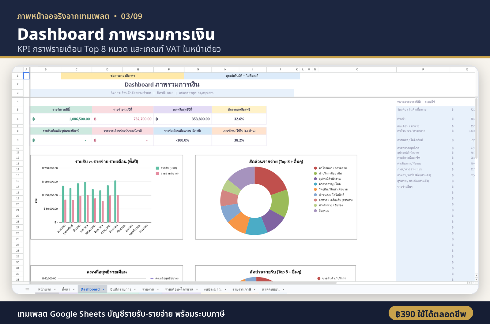 ตัวอย่าง Dashboard เทมเพลตบัญชีรายรับ-รายจ่าย